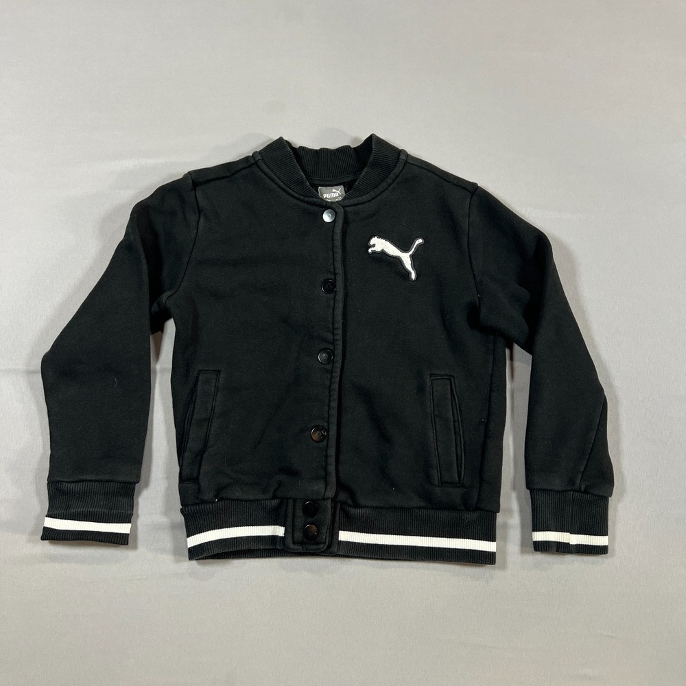 Puma Bomber Jacket Kids XS Black Fleece Logo Ribbed Trim Snap Button Long Sleeve